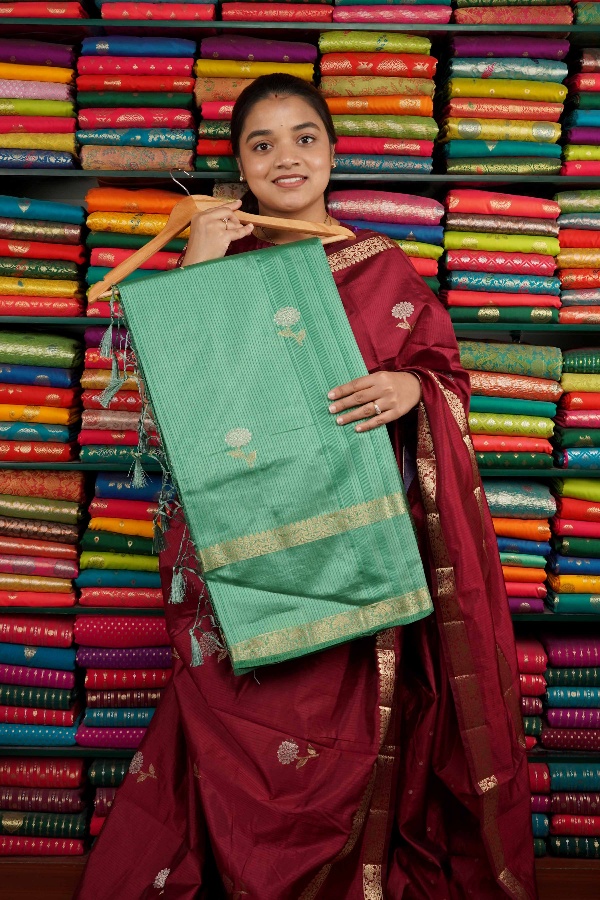 Fancy Crepe Flower Butti Teal Green Saree