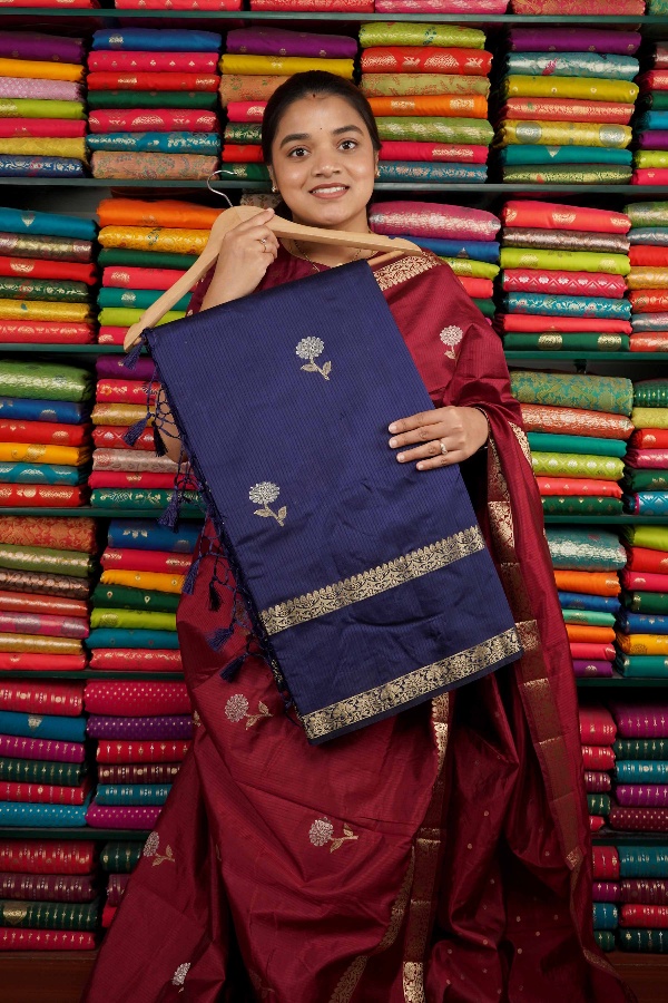 Fancy Crepe Flower Butti Dark Navy Blue Saree