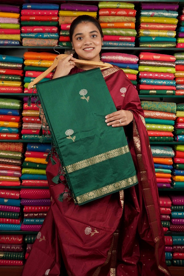Fancy Crepe Flower Butti Dark Green Saree