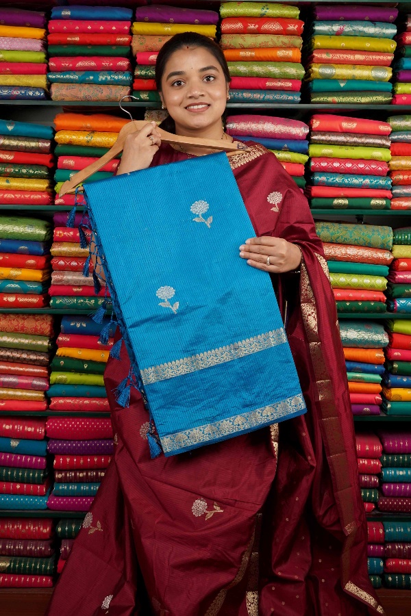 Fancy Crepe Flower Butti Rama Blue Saree