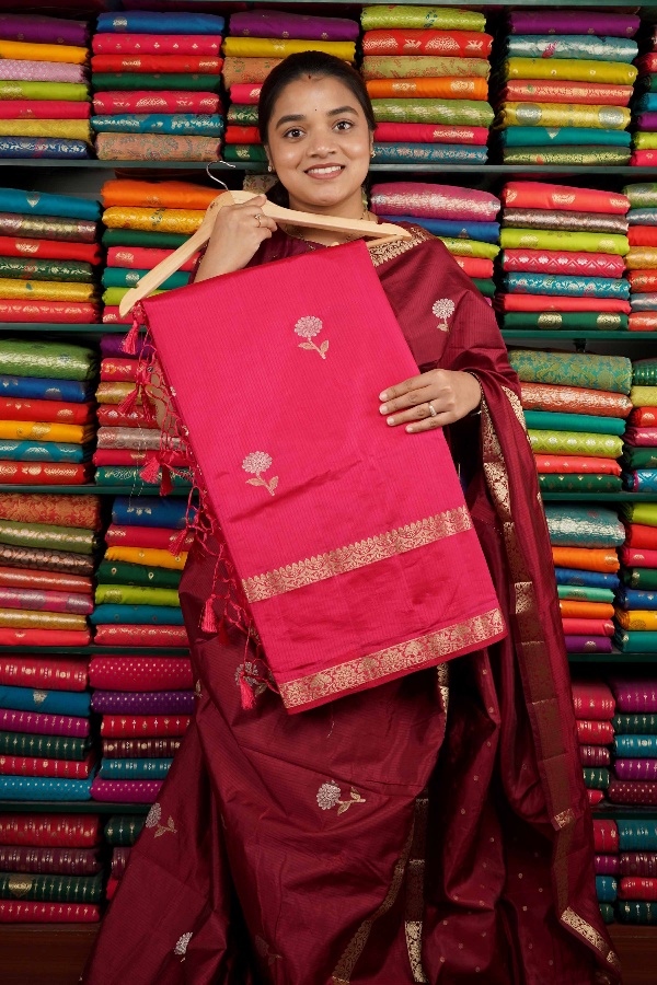 Fancy Crepe Flower Butti Bright Pink Saree