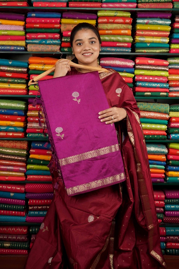 Fancy Crepe Flower Butti Dark Magenta Saree