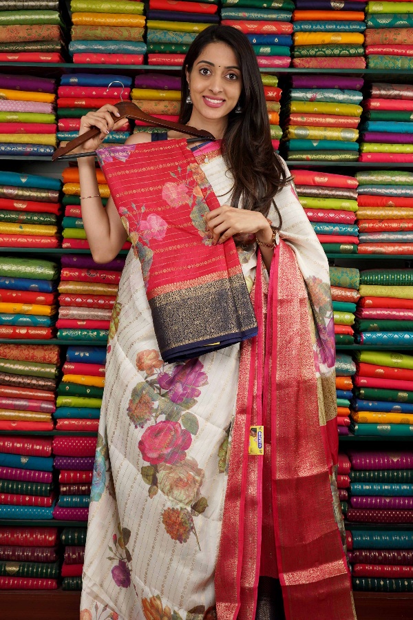 Soft Silk Floral Print With Zari Lines Red And Navy Blue Saree