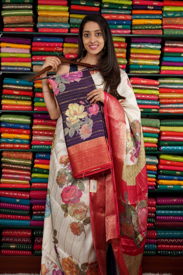 Soft Silk Floral Print With Zari Lines Purple And Reddish Pink Saree