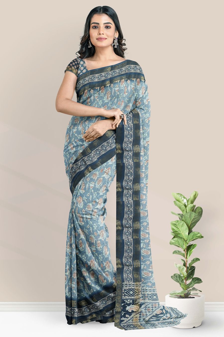 Matte Georgette Gold Zari Floral Digital Print Light And Dark Ash Saree