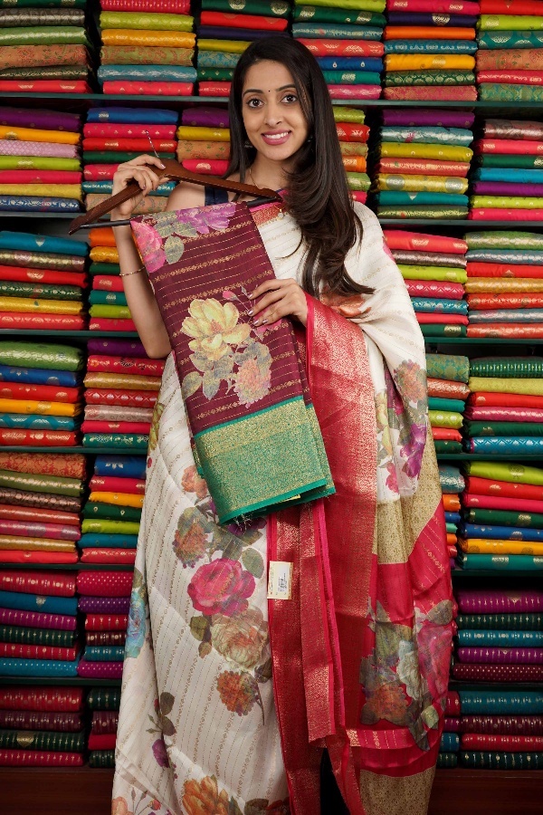 Soft Silk Floral Print With Zari Lines Maroon And Green Saree