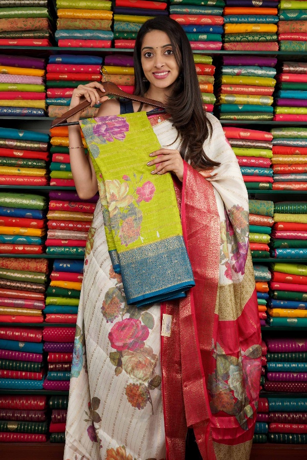Soft Silk Floral Print With Zari Lines Parrot Green And Sea Blue Saree
