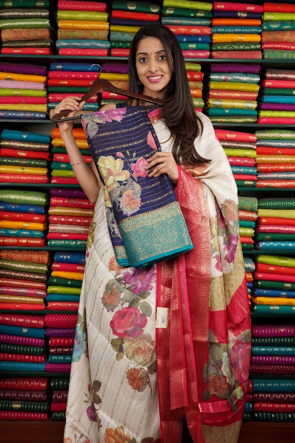 Soft Silk Floral Print With Zari Lines Navy Blue And Sea Blue Saree