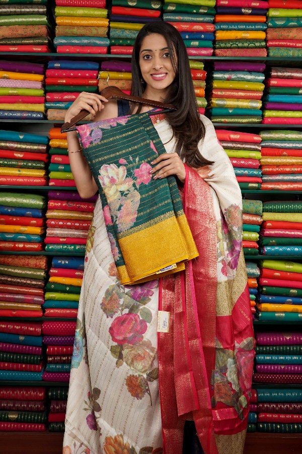Soft Silk Floral Print With Zari Lines Bottle Green And Yellow Saree