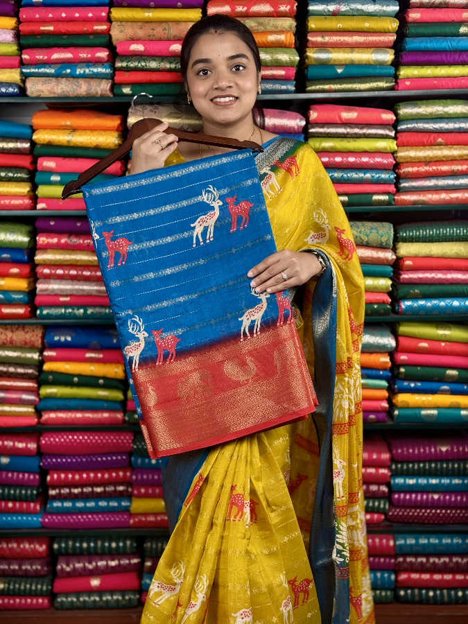 Fancy Jute Silk Deer Print Coppersulphate Blue And Pink Saree