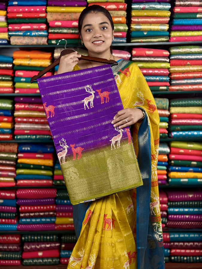 Fancy Jute Silk Deer Print Purple And Mehandi Green Saree