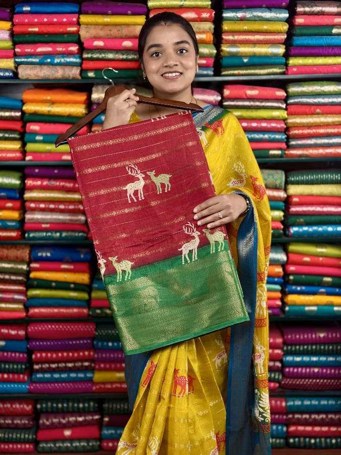 Fancy Jute Silk Deer Print Red And Green Saree