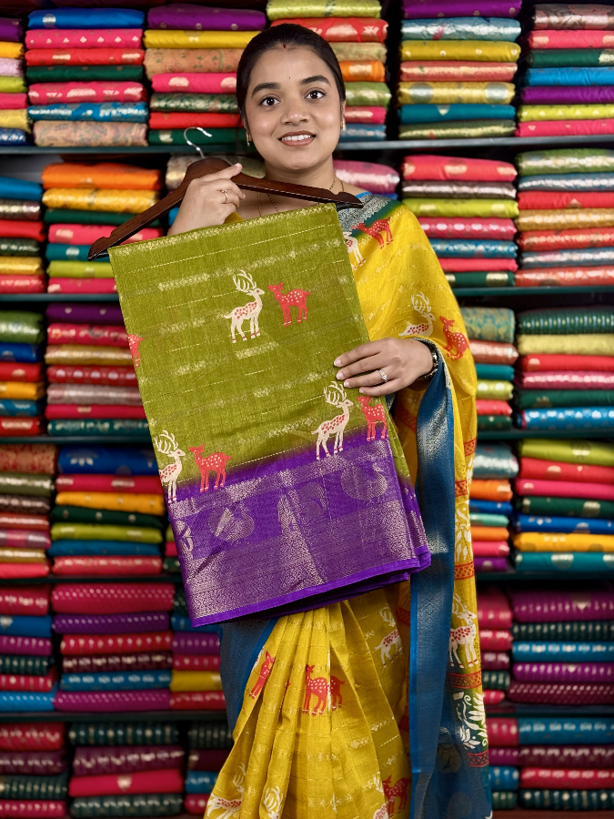 Fancy Jute Silk Deer Print Mehandi Green And Purple Saree