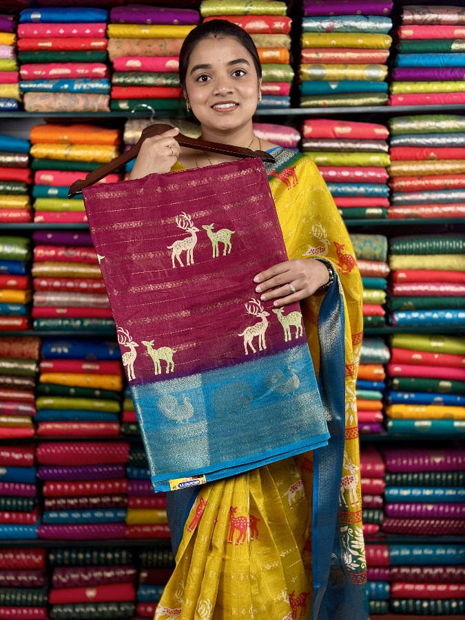 Fancy Jute Silk Deer Print Wine And Coppersulphate Blue Saree
