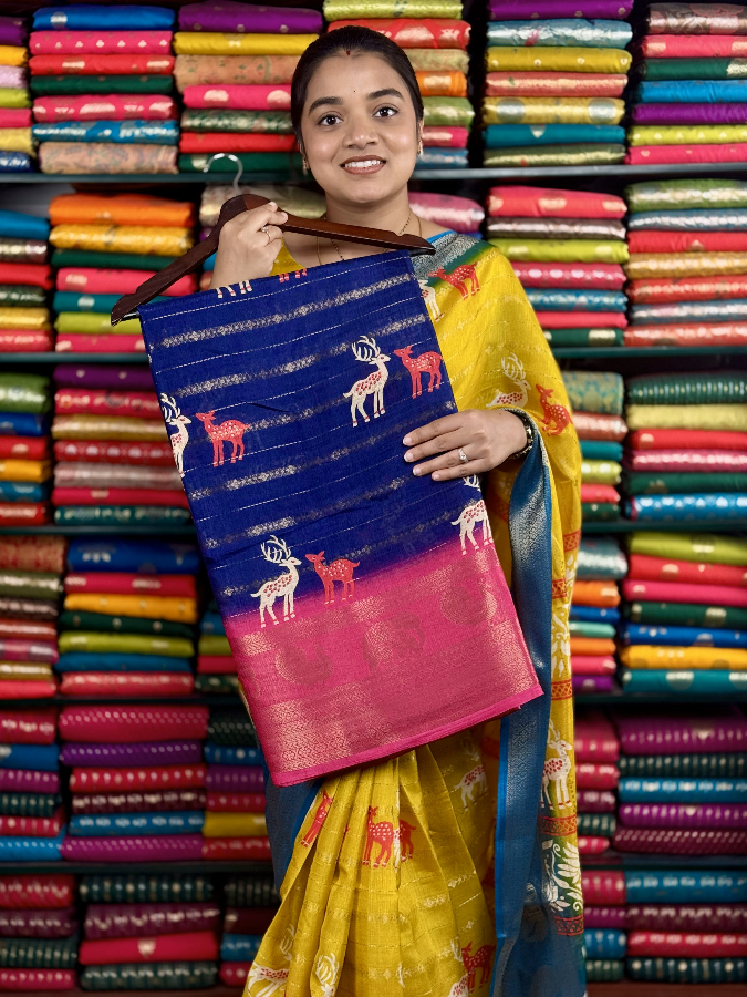 Fancy Jute Silk Deer Print Dark Navy Blue And Pink Saree