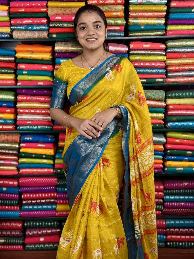 Fancy Jute Silk Deer Print Yellow And Coppersulphate Blue Saree