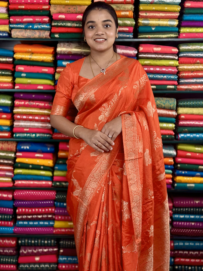 Katan Silk All Over Zari Dark Orange Saree