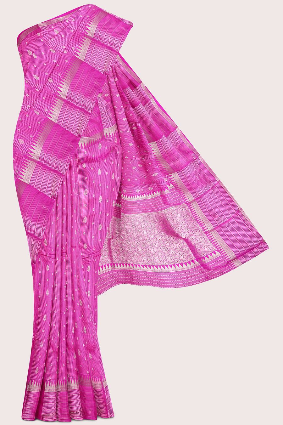 Fancy Gadi Silk Double Border Weaving Checks Rani Pink Saree