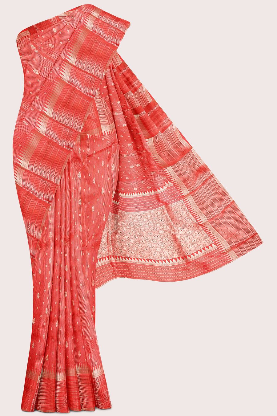 Fancy Gadi Silk Double Border Weaving Checks Red Saree