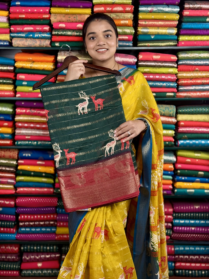 Fancy Jute Silk Deer Print Dark Green And Red Saree