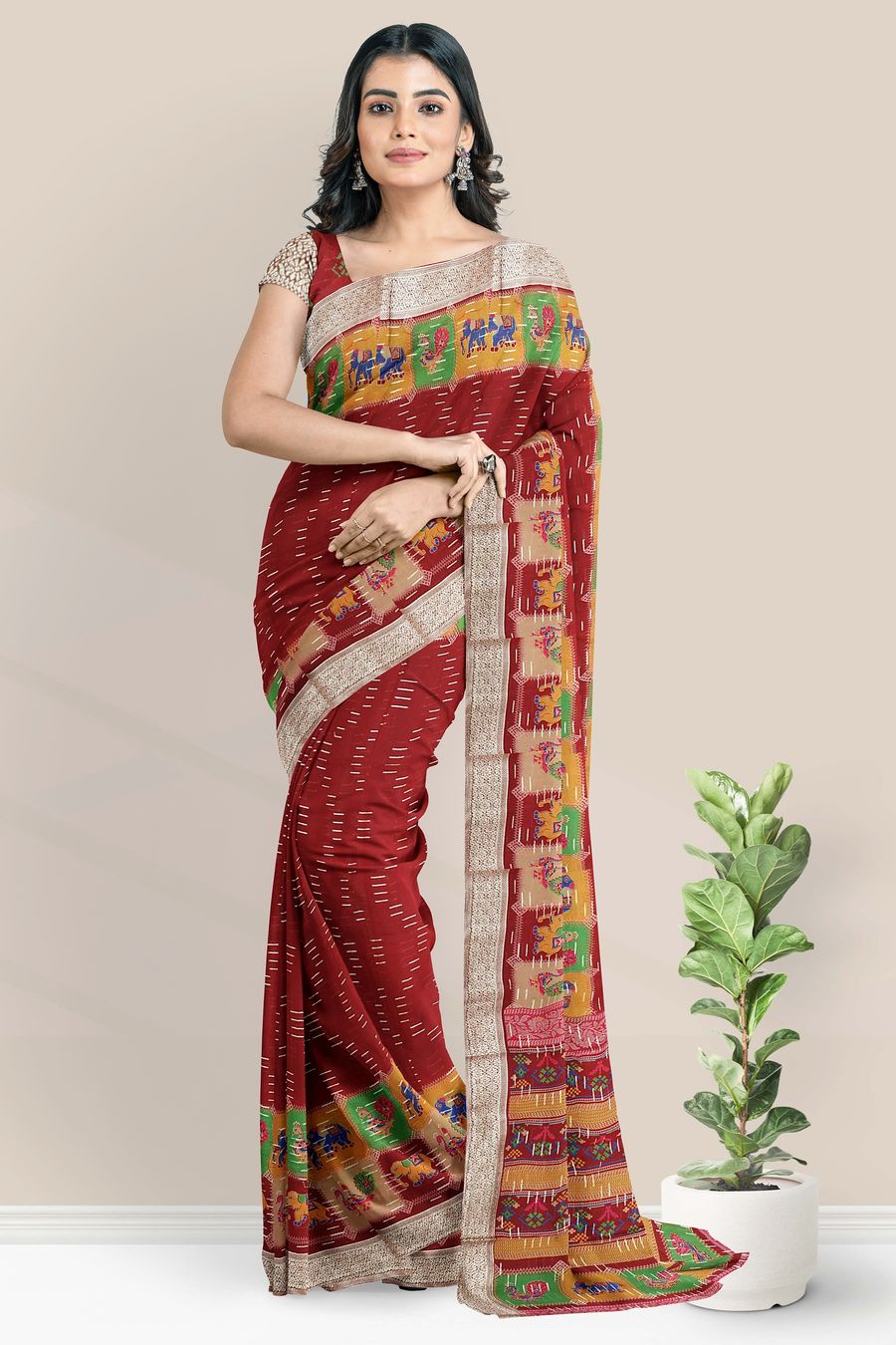 Georgette Kalamkari Border Badla Zari Lines Dark Maroon Saree
