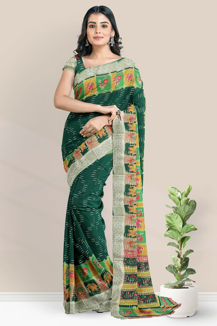 Georgette Kalamkari Border Badla Zari Lines Dark Green Saree