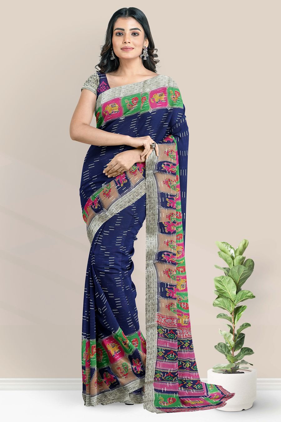 Georgette Kalamkari Border Badla Zari Lines Dark Navy Blue Saree