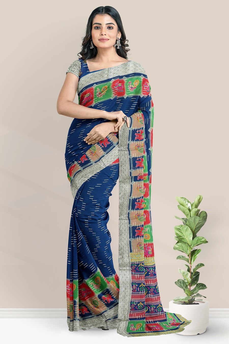 Georgette Kalamkari Border Badla Zari Lines Peacock Blue Saree