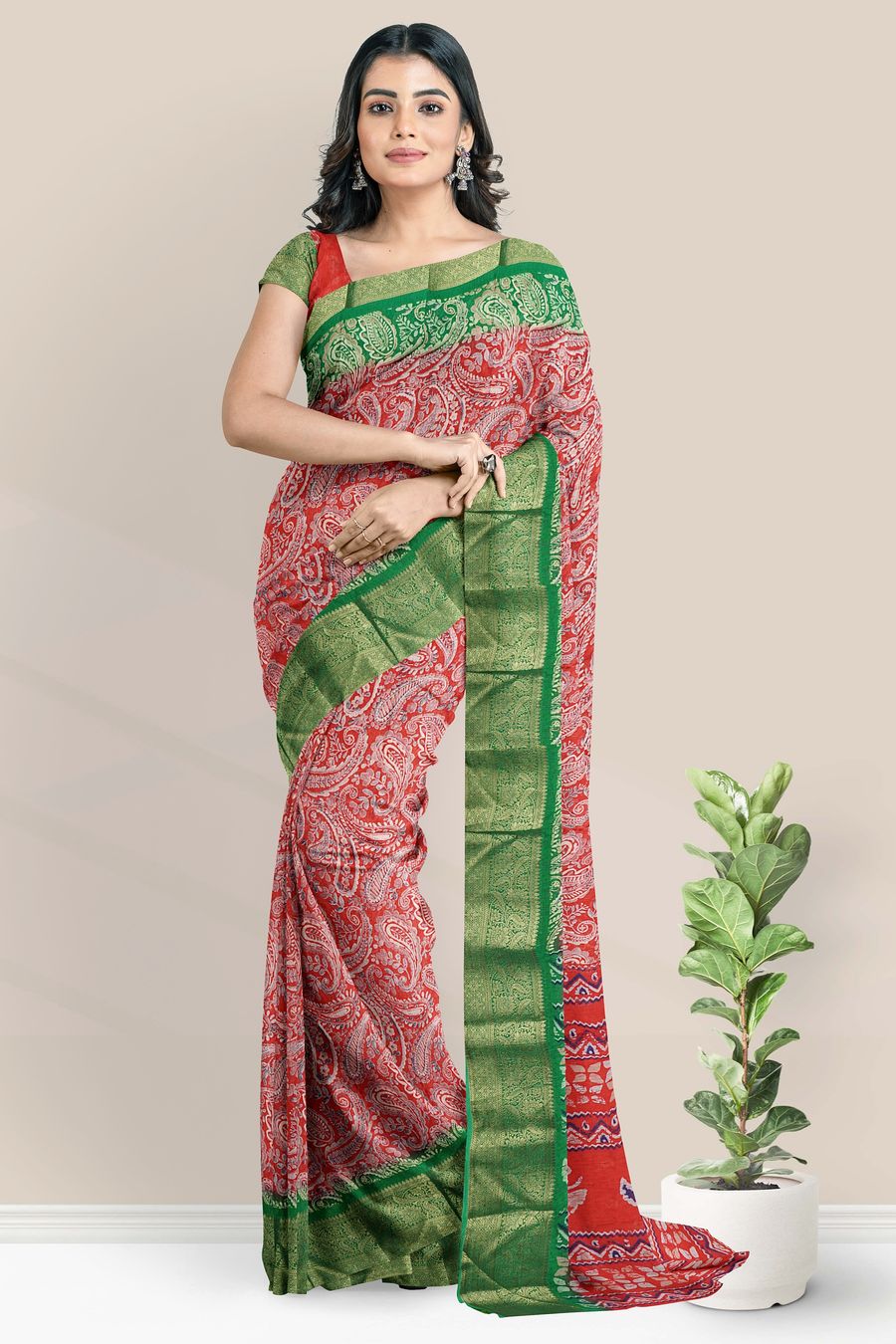 Cotton And Silk Gold Zari And Printed Design Red With Green Saree