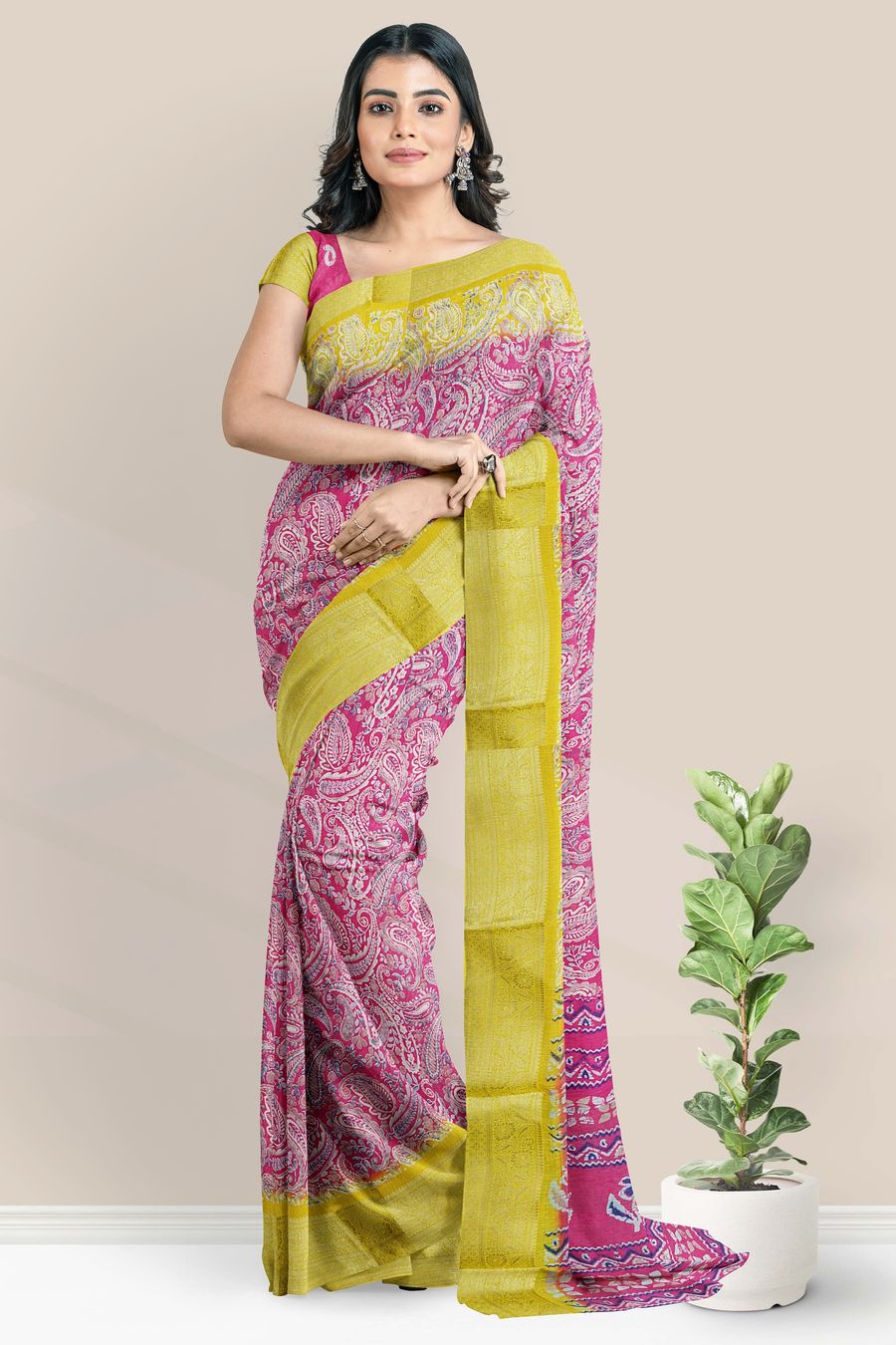 Cotton And Silk Gold Zari And Printed Design Pink With Yellow Saree