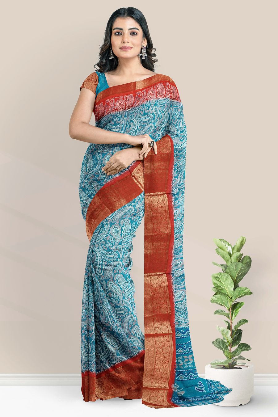 Cotton And Silk Gold Zari And Printed Design Blue With Maroon Saree