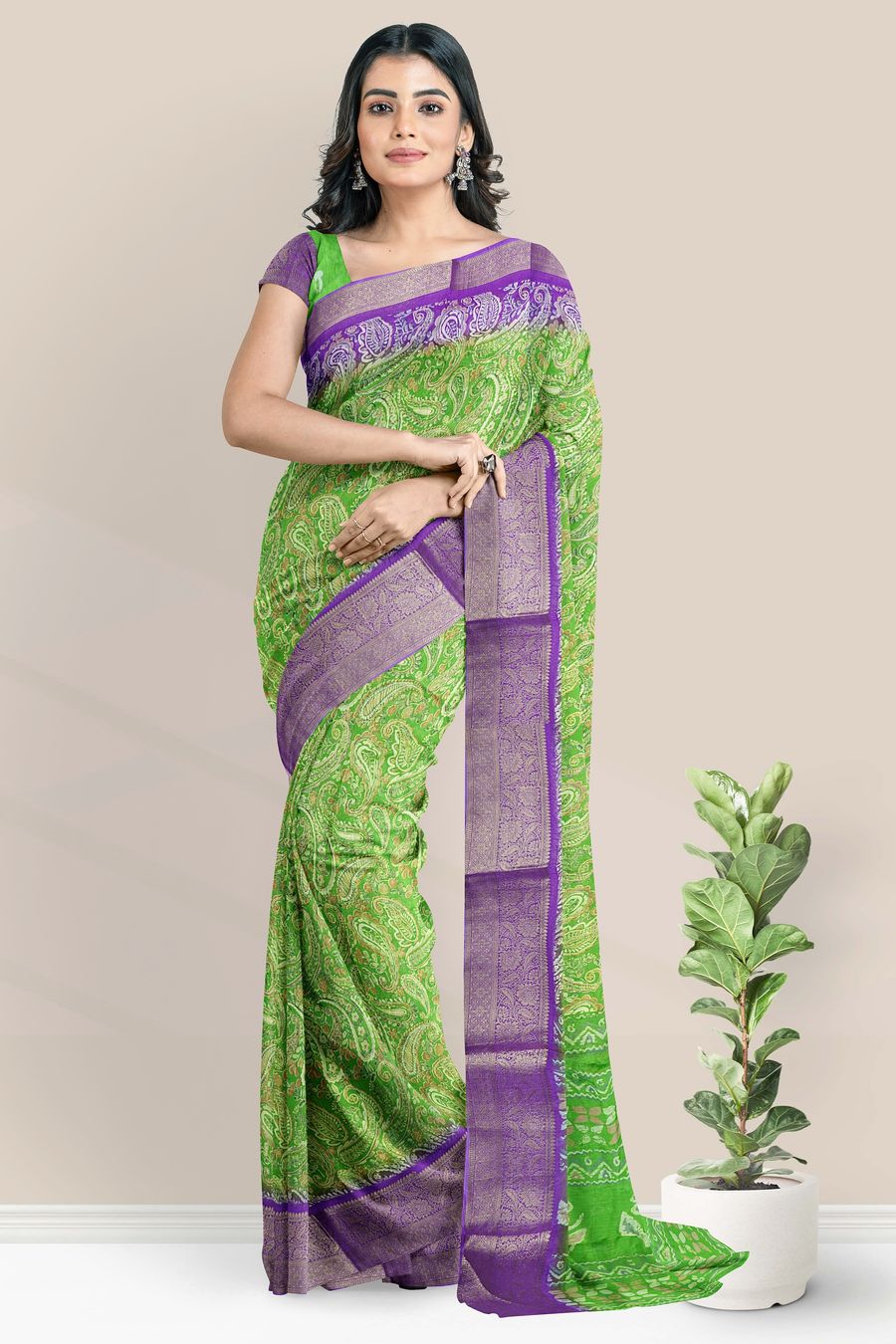 Cotton And Silk Gold Zari And Printed Design Green With Purple Saree