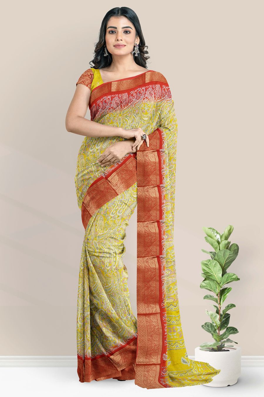 Cotton And Silk Gold Zari And Printed Design Mustard Yellow With Maroon Saree