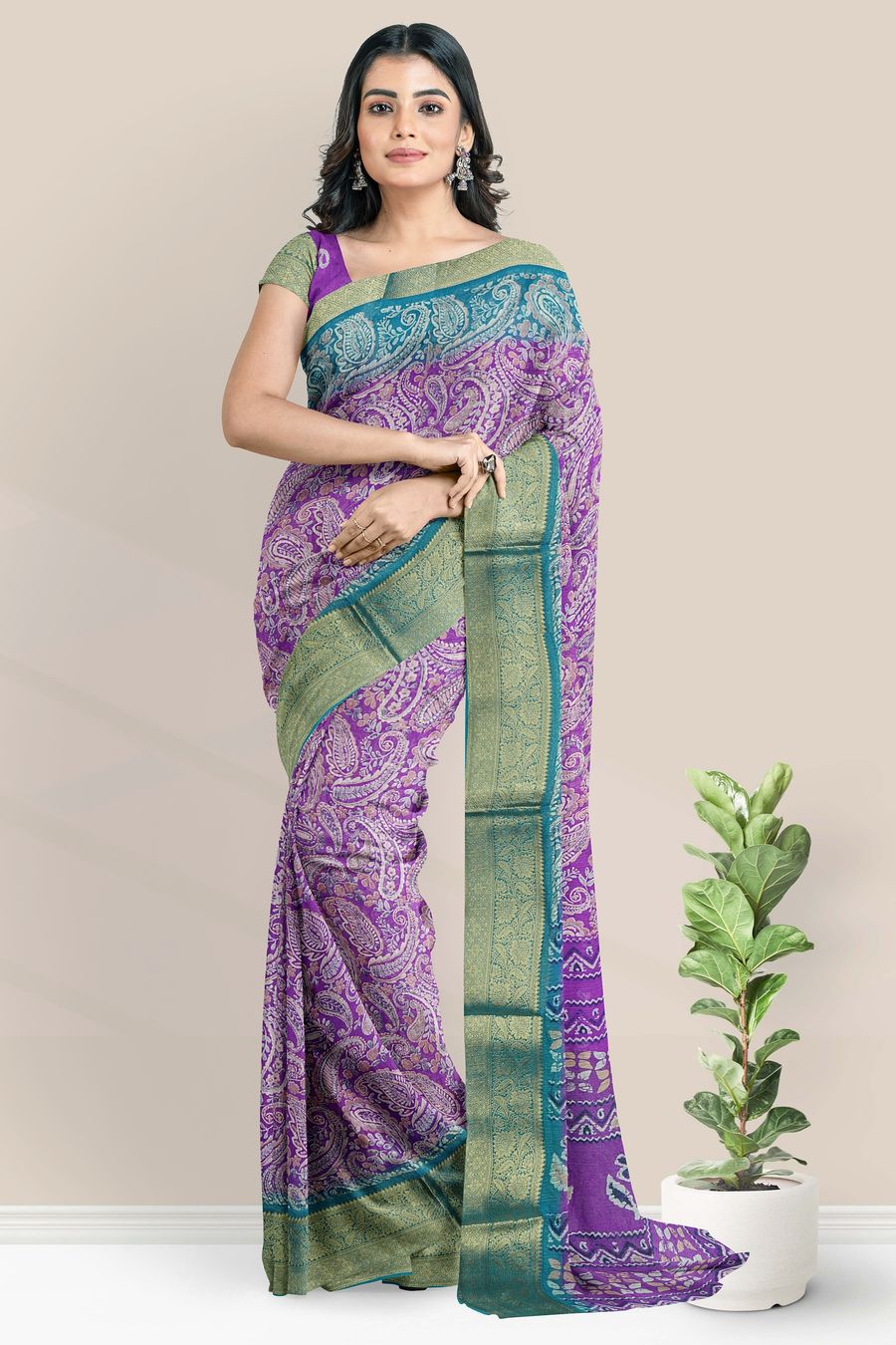 Cotton And Silk Gold Zari And Printed Design Purple With Blue Saree