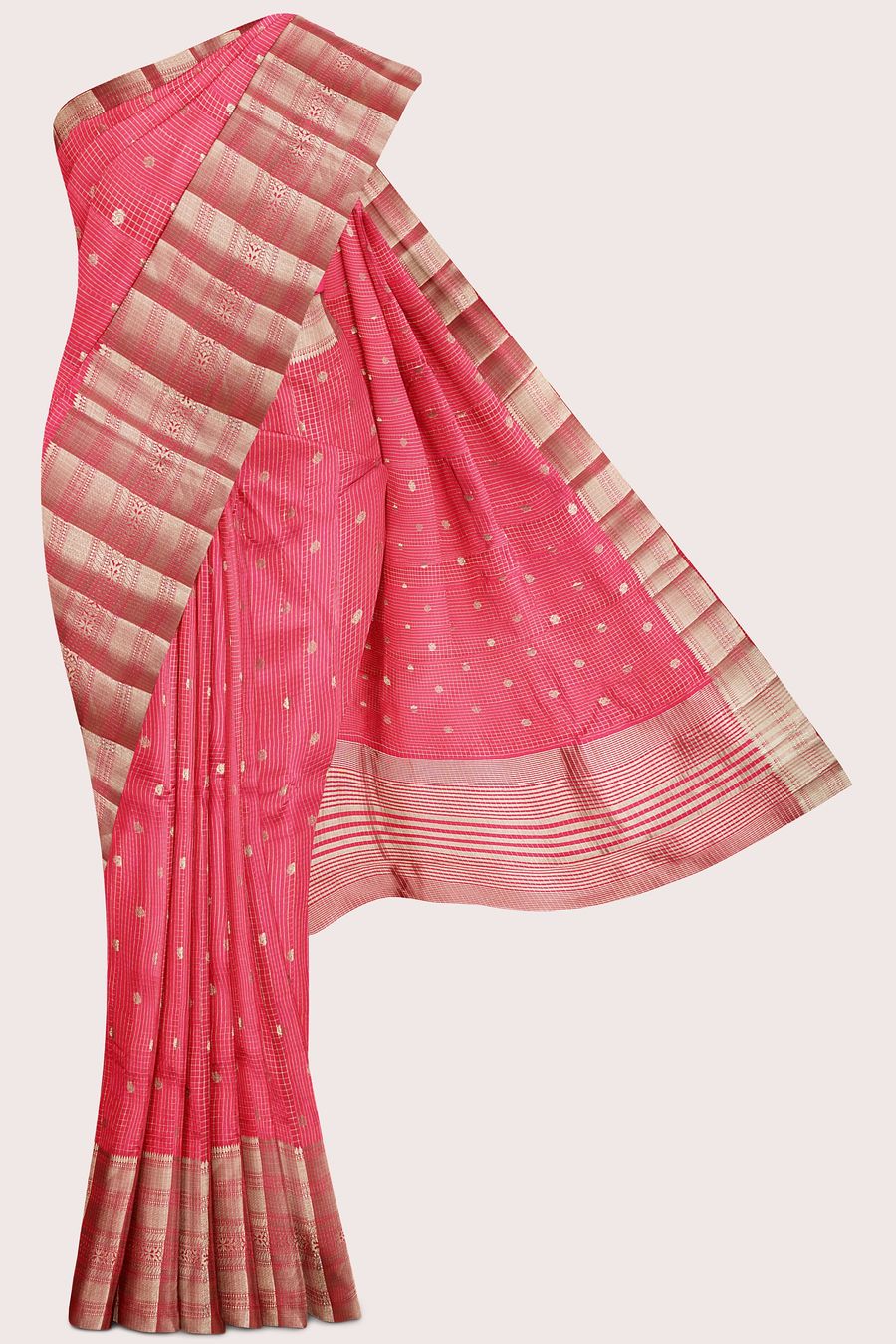 Emboose Silk Brocade Border And Checks Design Red Saree