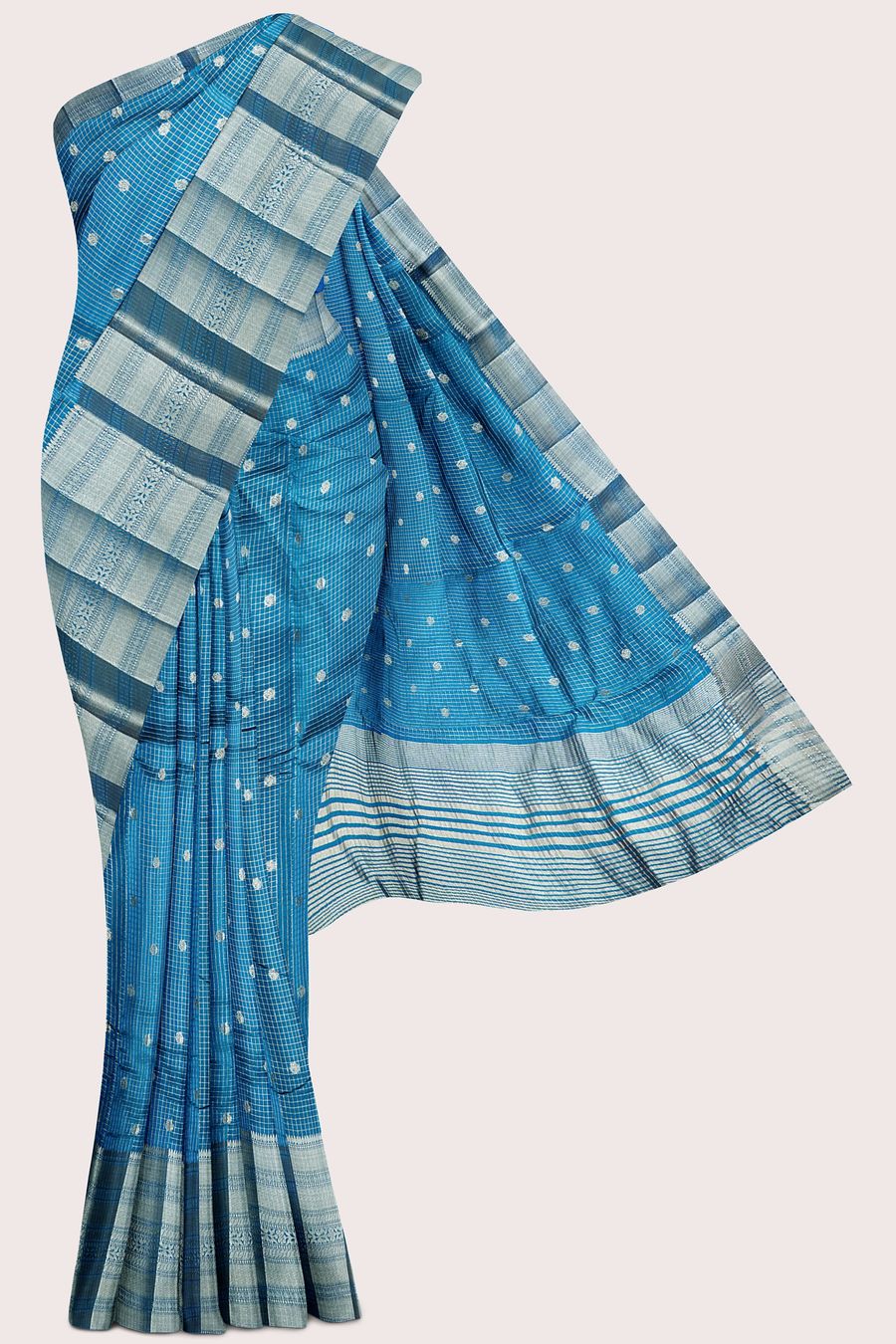 Emboose Silk Brocade Border And Checks Design Coppersulphate Blue Saree