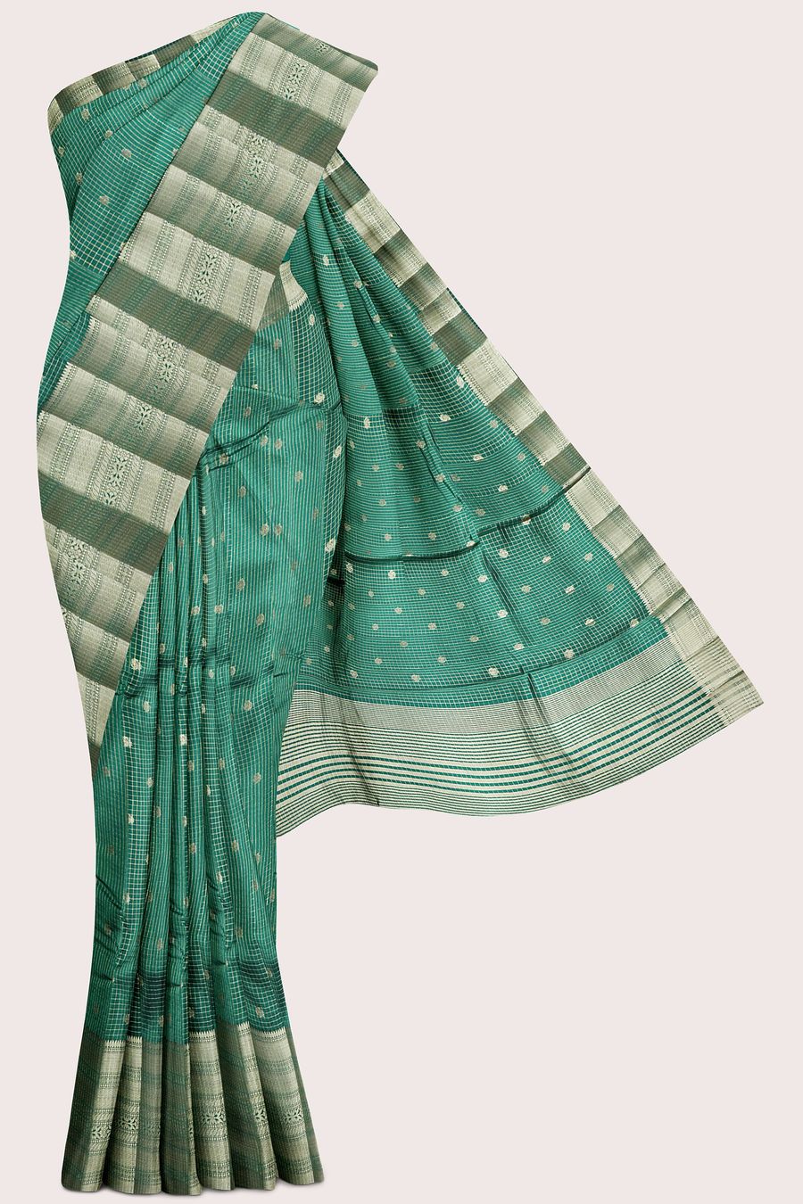 Emboose Silk Brocade Border And Checks Design Dark Green Saree