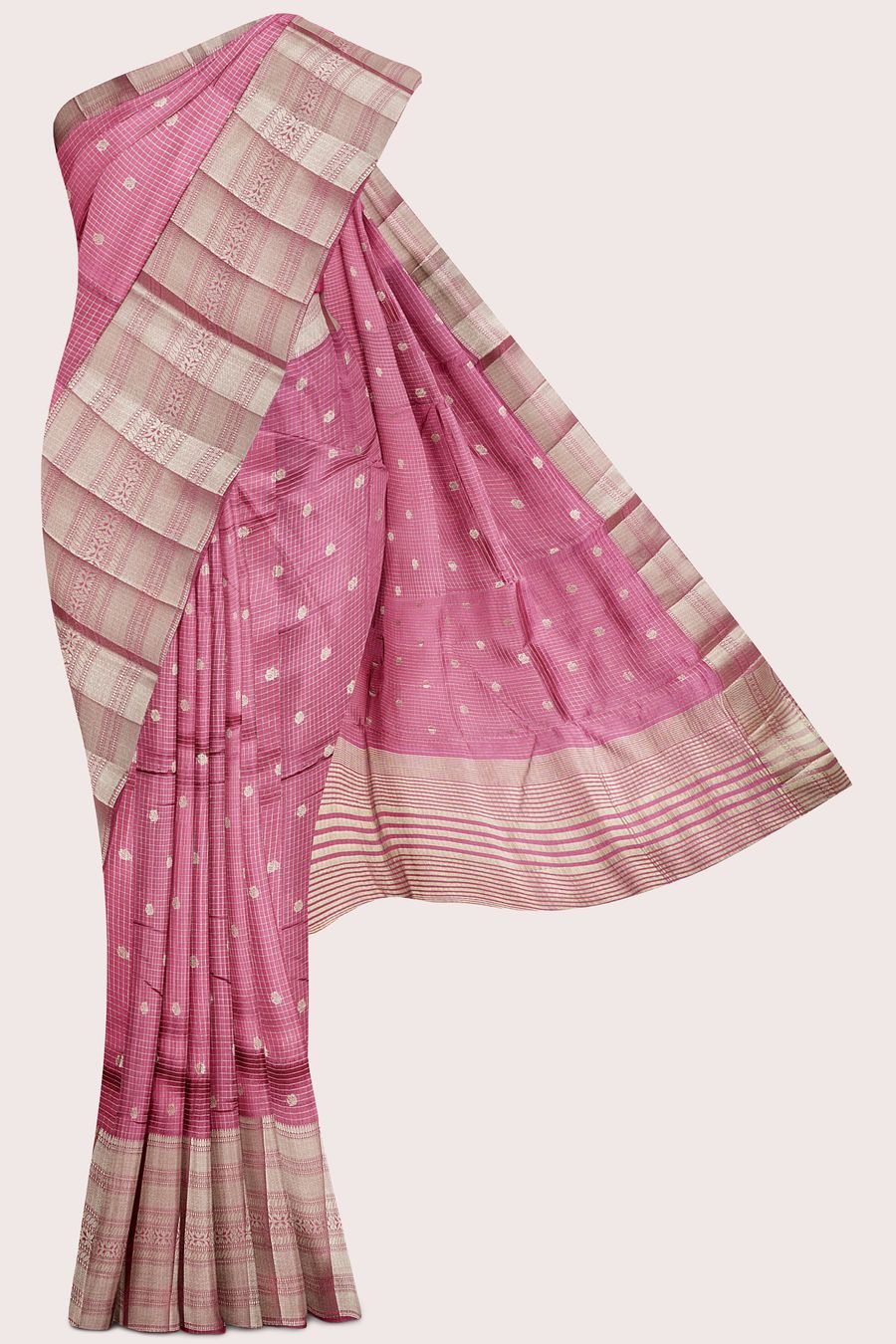 Emboose Silk Brocade Border And Checks Design Onoin Pink Saree