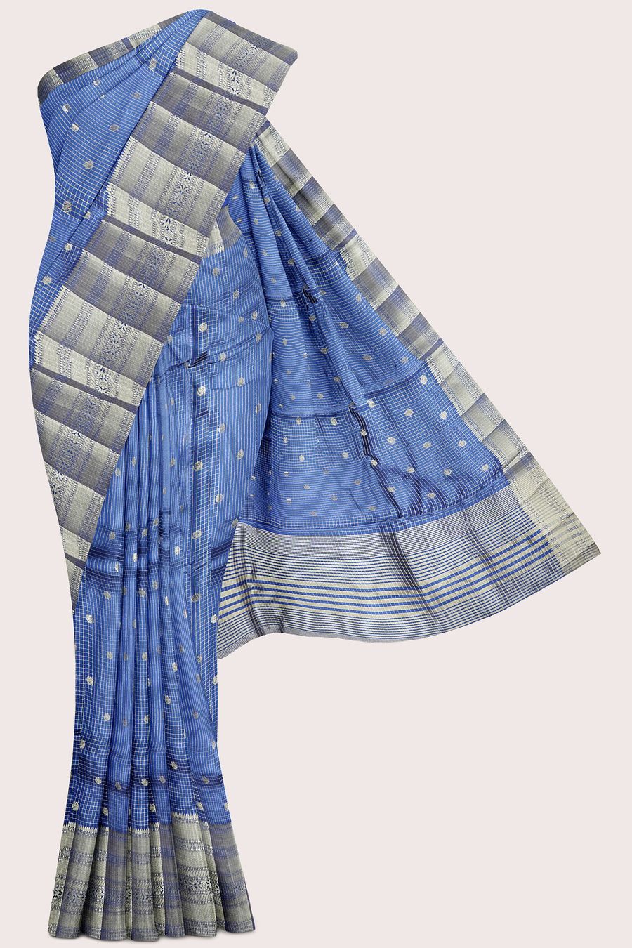 Emboose Silk Brocade Border And Checks Design Dark Navy Blue Saree