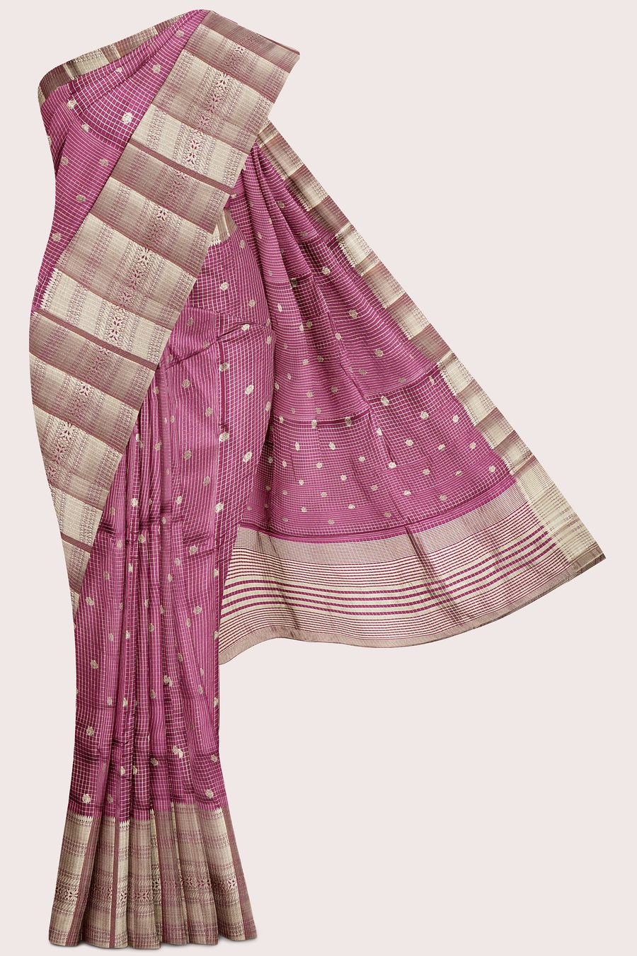 Emboose Silk Brocade Border And Checks Design Wine Saree