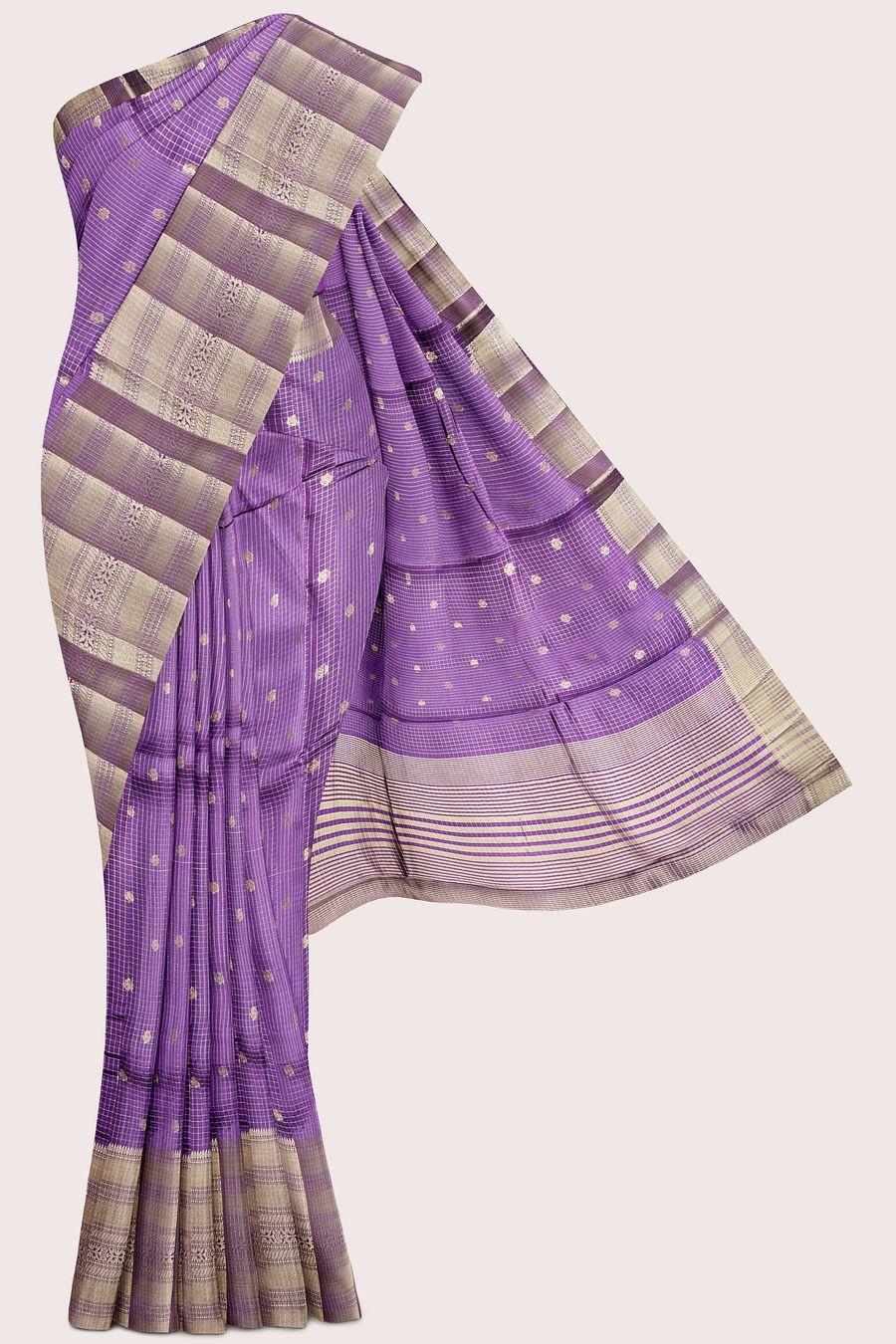 Emboose Silk Brocade Border And Checks Design Purple Saree