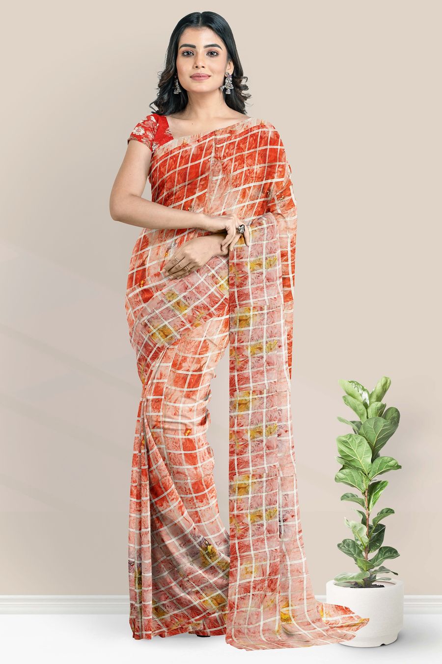 Georgette Badla Zari Checks Red Saree