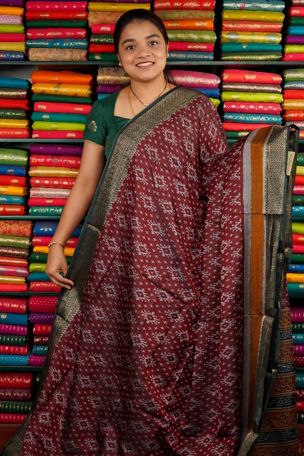 Ikkath Silk Printed Dark Maroon And Green Saree