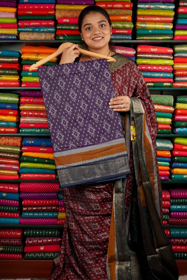 Ikkath Silk Printed Dark Purple And Dark Blue Saree