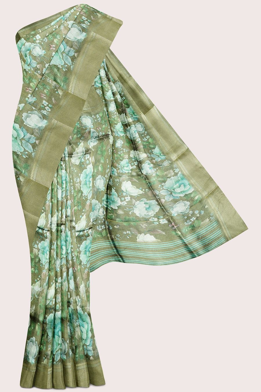 Soft Tissue Brocare Border And Floral Print Mehandi Green Saree