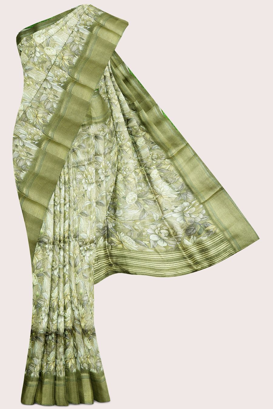 Soft Tissue Brocare Border And Floral Print Green Saree