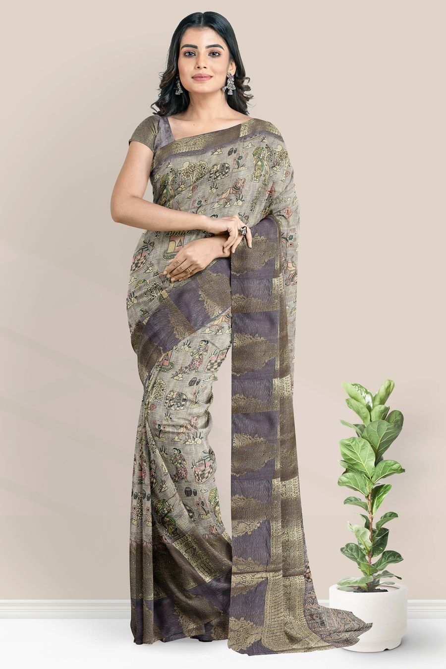 Fancy Silk Peacock Border And Kalamkarai Print Grape Saree