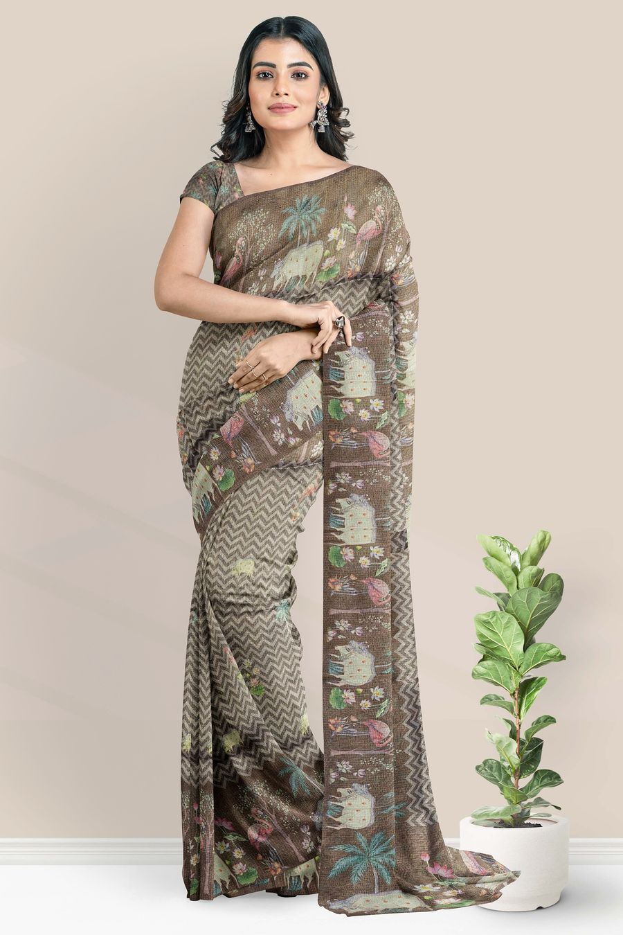 Tissue Kota Printed Border And Waves Design Chocolate Saree