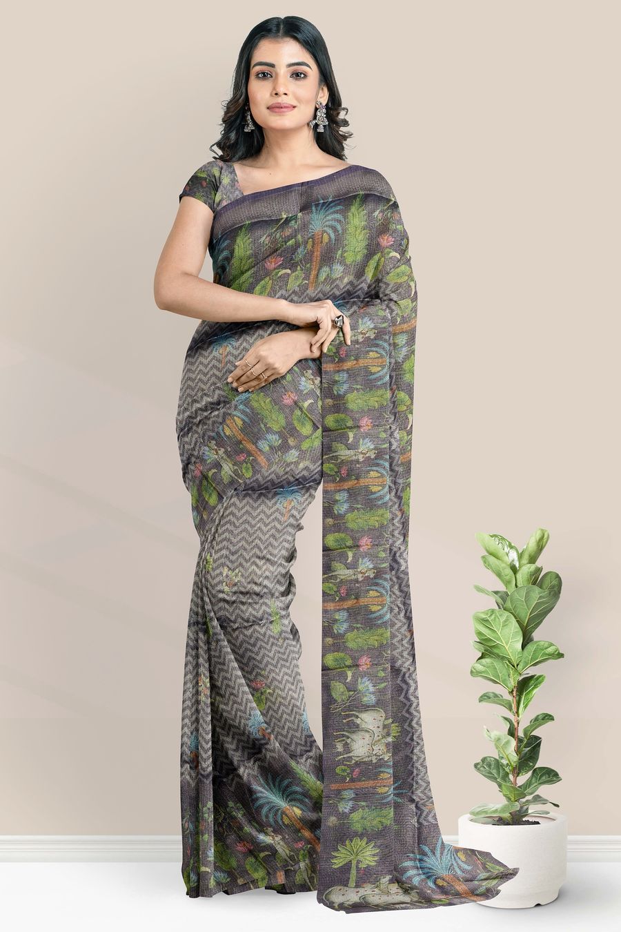Tissue Kota Printed Border And Waves Design Dark Purple Saree
