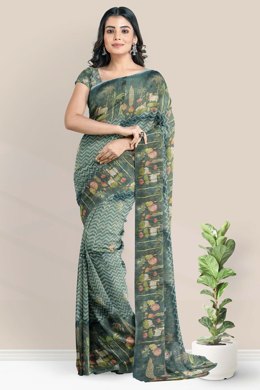 Tissue Kota Printed Border And Waves Design Dark Rama Green Saree